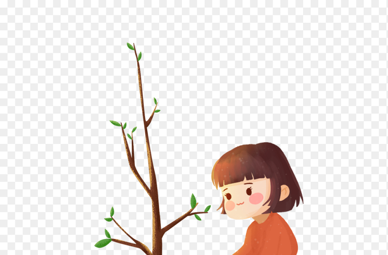 植树浇水的小女孩插画风植树节免抠元素素材