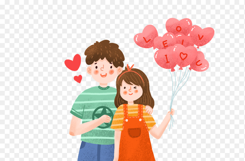 可爱情侣卡通人物手握爱心气球幸福免抠元素素材