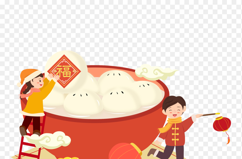 元宵节快乐大家一起吃汤圆汤团卡通人物灯笼装饰中国传统节日元宵节免抠元素素材