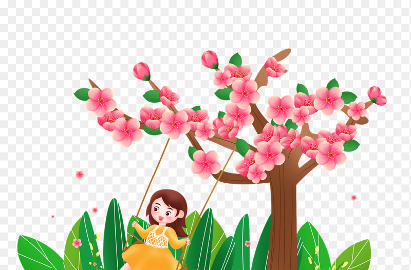 春天春季卡通人物小女孩荡秋千樱花植物花朵中国传统二十四节气春分时节主题素材免抠元素
