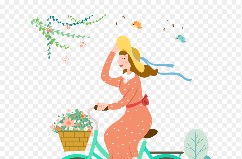 春天春季骑单车的女孩开心愉悦插画风中国传统二十四节气春分时节主题素材免抠元素