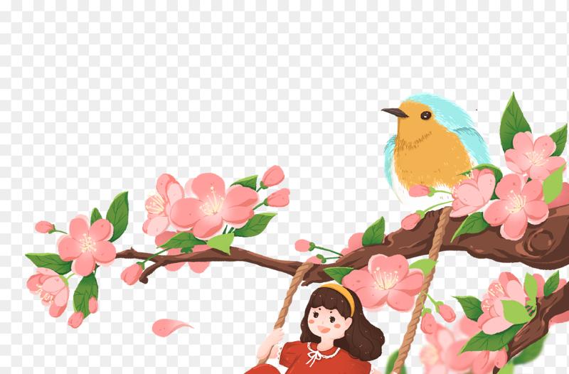 卡通人物女孩与海棠花黄鹂鸟植物人物中国传统二十四节气春分时节主题素材免抠元素
