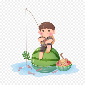 中国传统二十四节气立夏节气卡通人物钓鱼西瓜装饰免抠元素素材