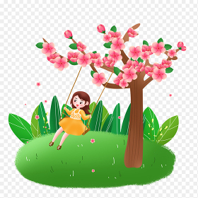 春天春季卡通人物小女孩荡秋千樱花植物花朵中国传统二十四节气春分时节主题素材免抠元素