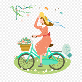 春天春季骑单车的女孩开心愉悦插画风中国传统二十四节气春分时节主题素材免抠元素