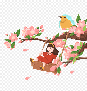 卡通人物女孩与海棠花黄鹂鸟植物人物中国传统二十四节气春分时节主题素材免抠元素