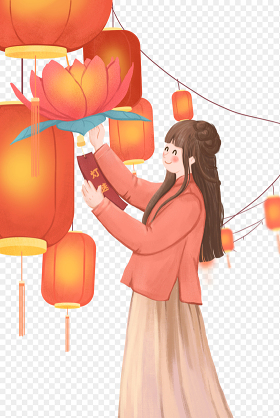 中国风插画卡通人物猜灯谜的女子赏花灯中国传统节日元宵节免抠元素素材