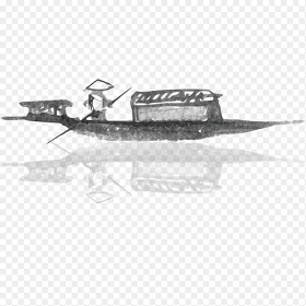中国风手绘插画船只水中倒影船翁划船前行免抠元素素材