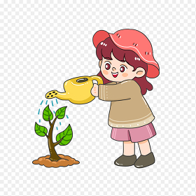 卡通风小女孩浇水种植小树苗植树节免抠元素苏此